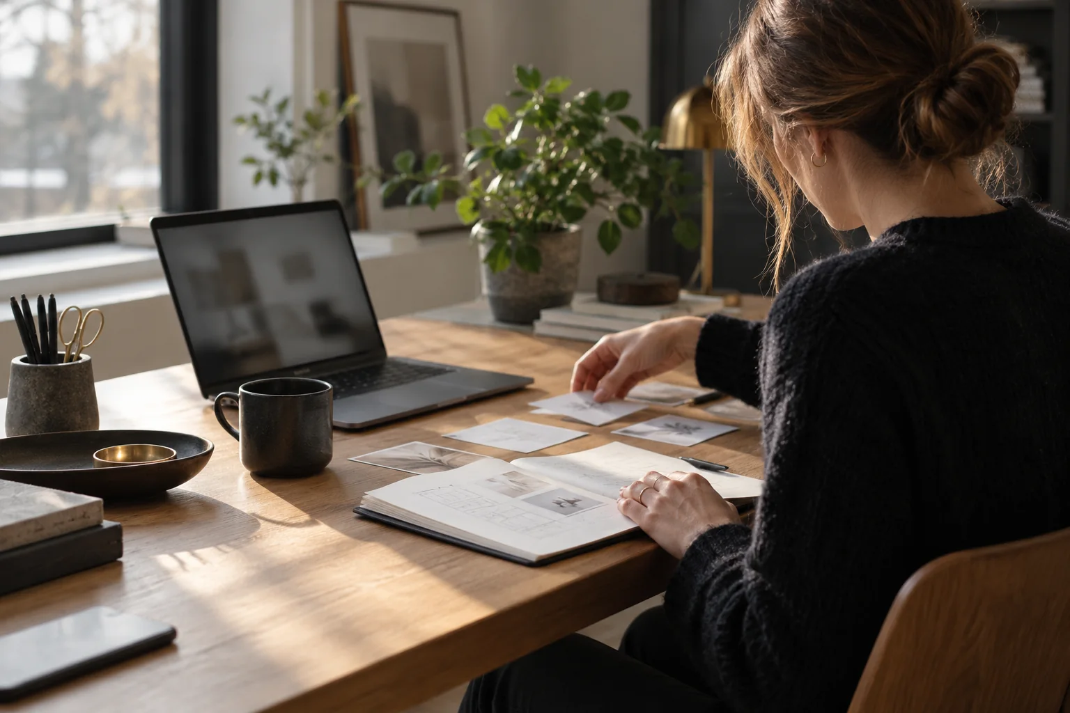 Person som sorterer arbeidsmateriale ved et skrivebord med en bærbar PC og notater.