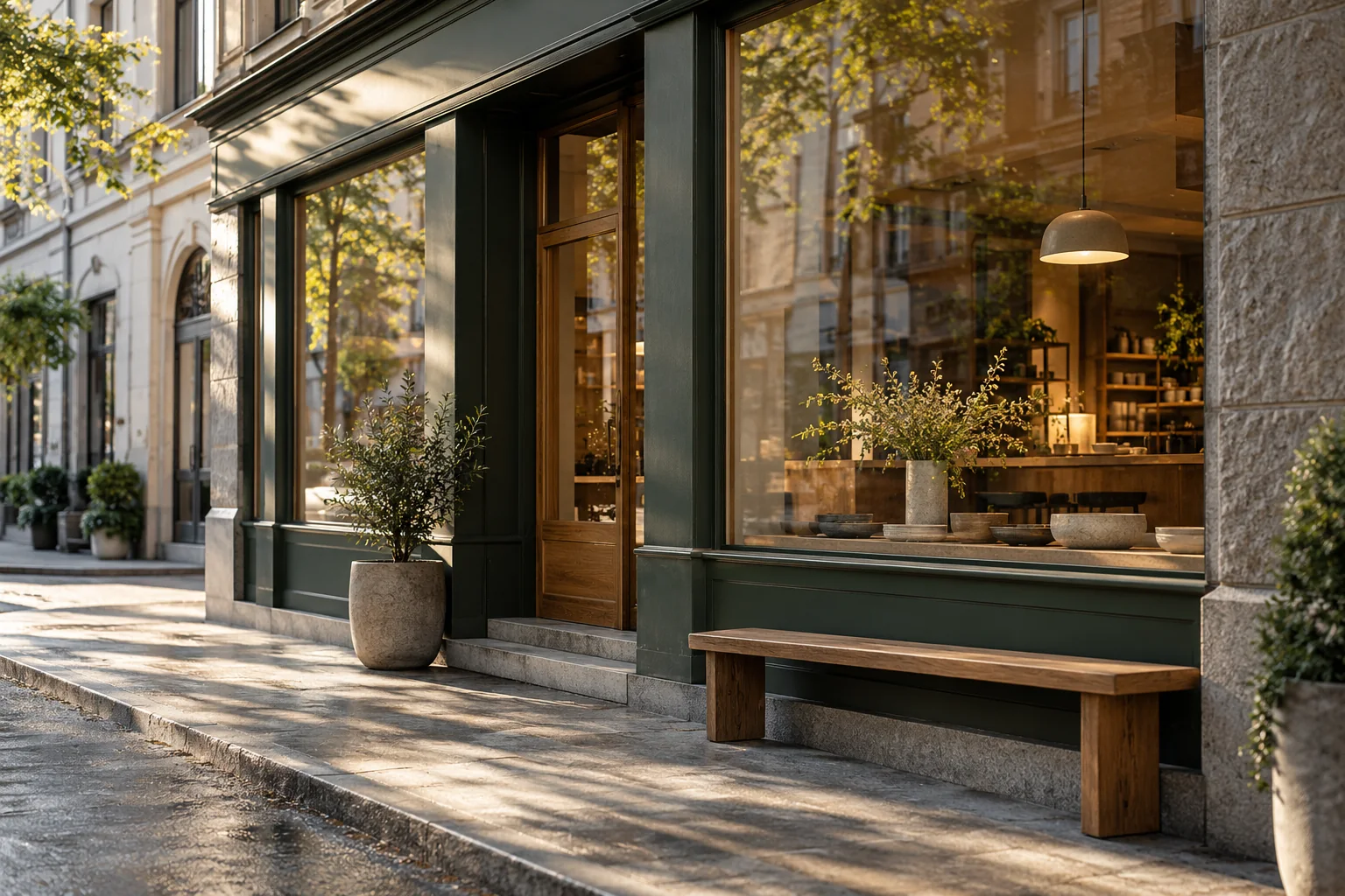 Norwegian independent shop with warm window light, seen from the street in late afternoon.