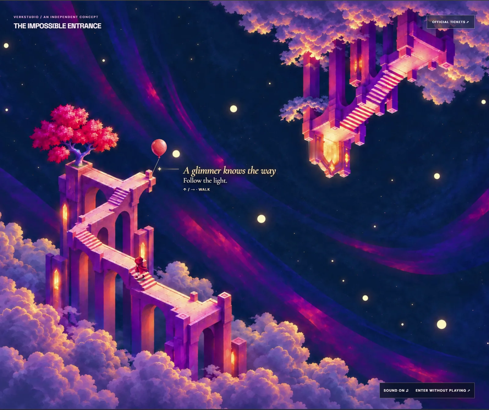 Two violet stone worlds above clouds, separated by a gap. One is upside down; a red balloon opens the way.