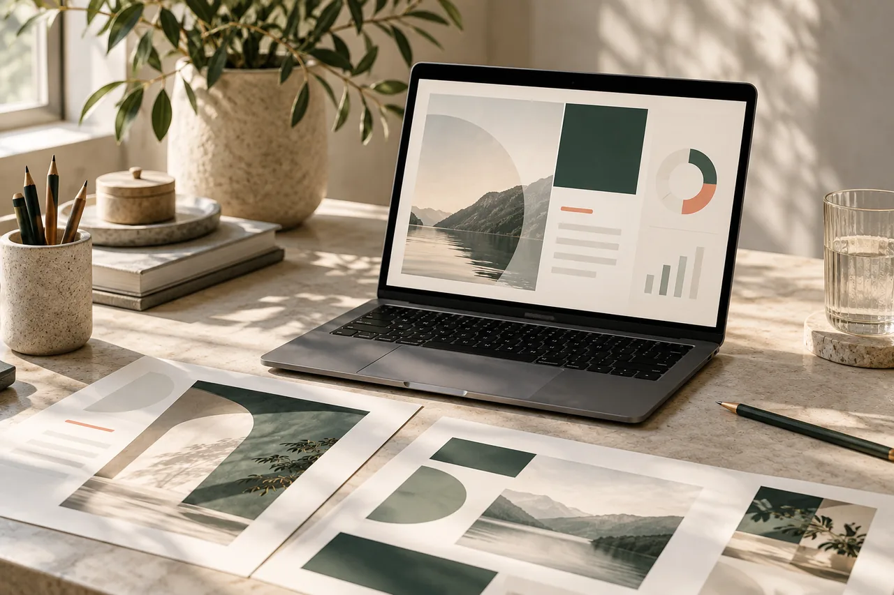 Workspace with a laptop and presentation drafts in Verk Studio’s visual style