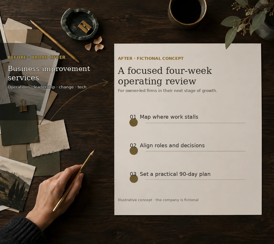 Editorial image of a broad service offer becoming a focused four-week operating review with three steps.