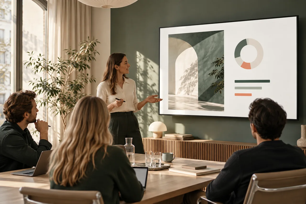 Presenter showing a visual slide to a small team